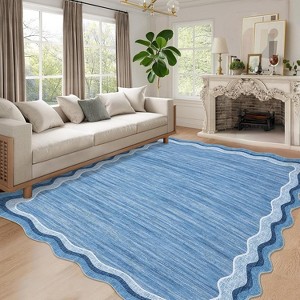 Washable Scalloped Rug 8x10 Blue – Soft Low Pile Non-Slip Carpet for Living Room, Bedroom, Dining Room, Nursery, Farmhouse, Stain-Resistant - 1 of 4