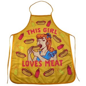 This Girl Loves Meat Apron Funny Hot Dog Backyard Bar-B-Que Grilling Kitchen Smock - Crazy Dog Bakeware Navy Apron - 1 of 4