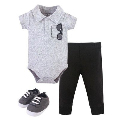 Little Treasure Baby Boy Cotton Bodysuit, Pant and Shoe 3pc Set, Sunglasses Collar