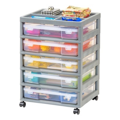 Clear and Gray 5-Drawer Rolling Storage Cart with Organizer Top