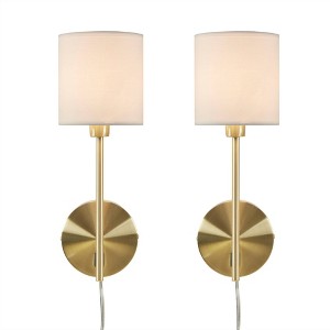 2pc Conway Metal Wall Sconces with Cylinder Shade Gold - Hampton Hill: Elegant Brass Finish, Cream Fabric Shades, 14.25" Height - 1 of 4