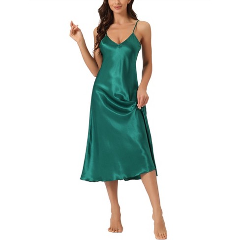 cheibear Women's V-Neck Satin Pajamas Silky Nightgowns Dark Green X Small