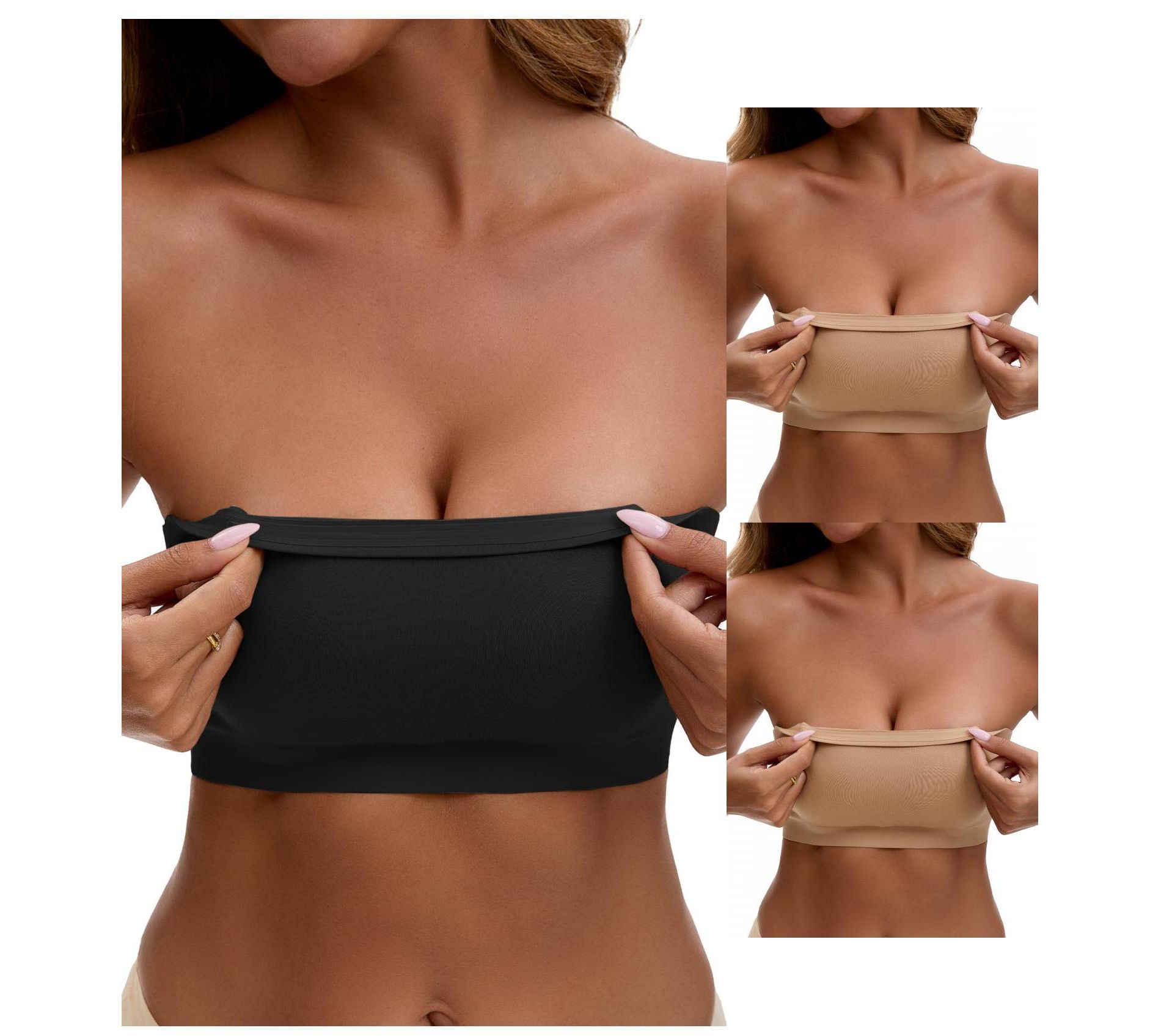 INSPIRE CHIC 3 Packs Women's Strapless Seamless Wirefree Padded Bandeau Non-Slip Silicone Tube Bras 1 Black and 2 Khaki Large