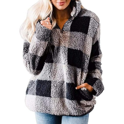 Haute Edition Women s 1 4 Zip Buffalo Plaid Faux Shearling Sweatshirt Target