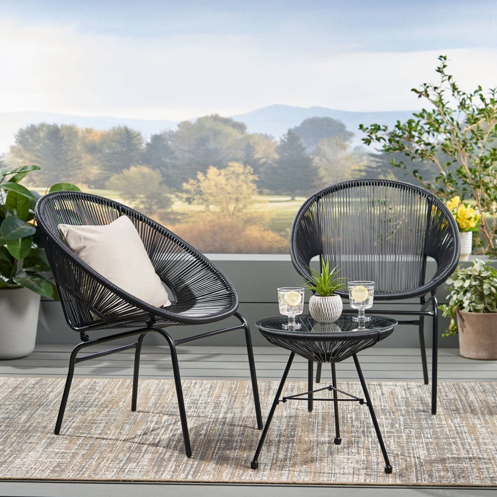 Photos - Garden Furniture Nusa 3pc Faux Rattan Patio Chat Set Black - Christopher Knight Home: Weath