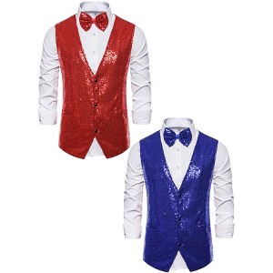 Lars Amadeus Men's Shiny Sequin Sleeveless Suit Vest Set with Bow Tie 2 Packs - 1 of 4
