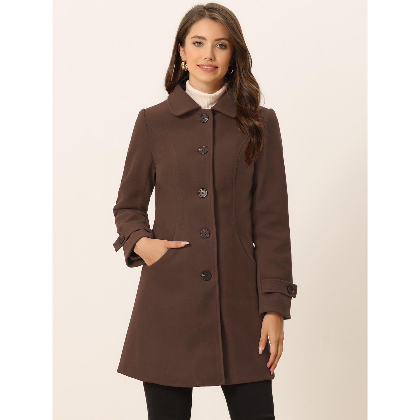 Женская куртка Allegra K Winter Outerwear Peter Pan Collar Mid-thigh A-line Single Breasted Coat Coffee — фото 4