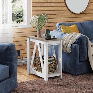 Farmhouse End Table with Charging Station, Slim Narrow Side Table for Small Spaces, 2 USB Ports & 2 Power Outlets - 1 of 1