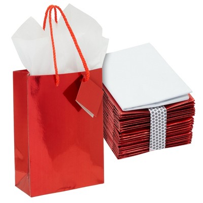 Blue Panda 20-Pack Small Glossy Red Gift Bags with Handles and White Tissue Paper, Foil Party Favor Bags for Birthday, 5x2x8 in