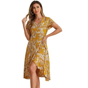 Allegra K Women's Tie Waist Beach Tropical Floral Printed Midi Wrap Dress - 1 of 4