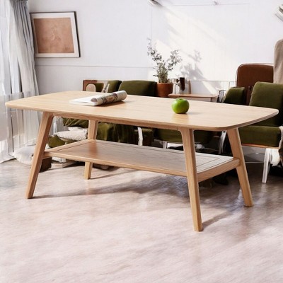 Alilang 39.37 Inch Mid-Century Modern Coffee Table with Open Shelf Storage - Oak