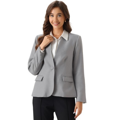 INSPIRE CHIC Women Collarless Office 1 Button Work Suit Blazer Grey Large