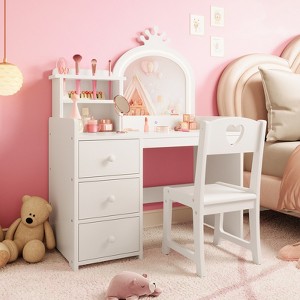 Kids Vanity Desk with Mirror and Lights, Princess Wooden Makeup Vanity with Chair, Storage Shelves and Drawers - 1 of 4