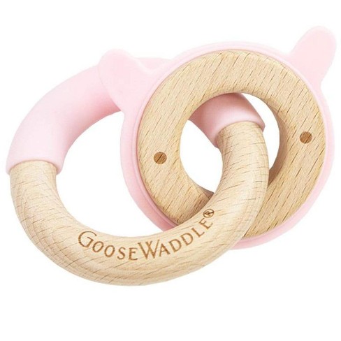 Goosewaddle Silicone + Wood Double Ring Teether Pink Rabbit : Target