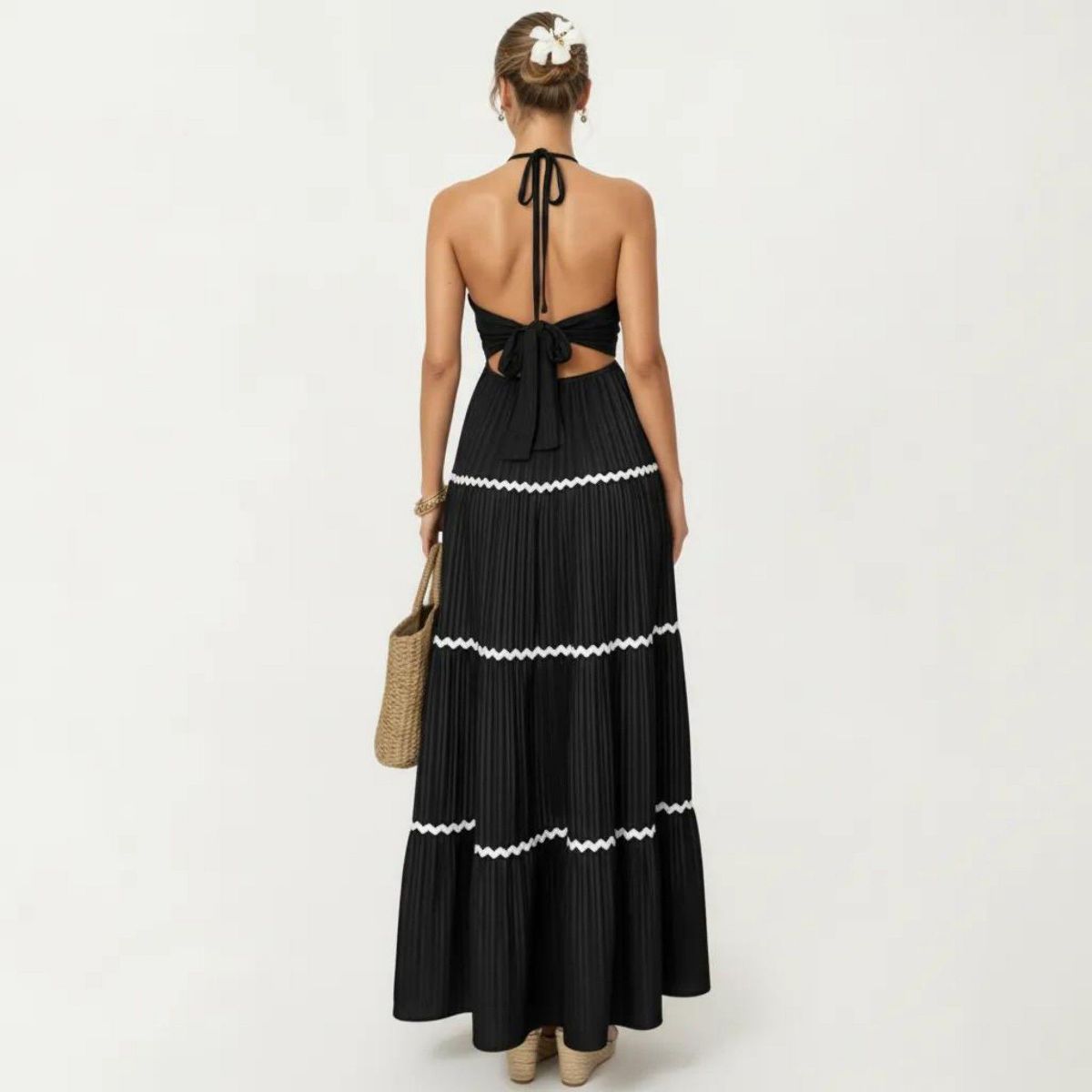 Anna-Kaci Women's Sleeveless Halter Neck Maxi Dress with Pleated Fabric Contrast Trim Detail and Tiered Flowy Design - thumbnail 3
