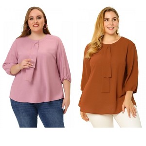 Women's Plus Size 2 Pieces 3/4 Sleeves Round Neck Ruffle Chiffon Work Blouse - Agnes Orinda - 1 of 4