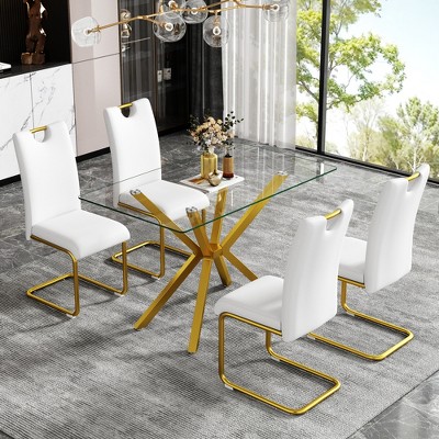Sevobal Dining Tables Rectangular Clear Tempered Dining Table with Gold Metal Legs, Home Kitchen Dining Room Table, Clear, 47.24"*27.56"*29.53"