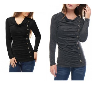 Allegra K Women's Cowl Neck Long Sleeves Buttons Decor Ruched Top 2 Pcs - 1 of 4