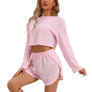 INSPIRE CHIC Women's Hollow Out Long Sleeve Tops with Shorts Outfits Pajamas Sets - 1 of 4