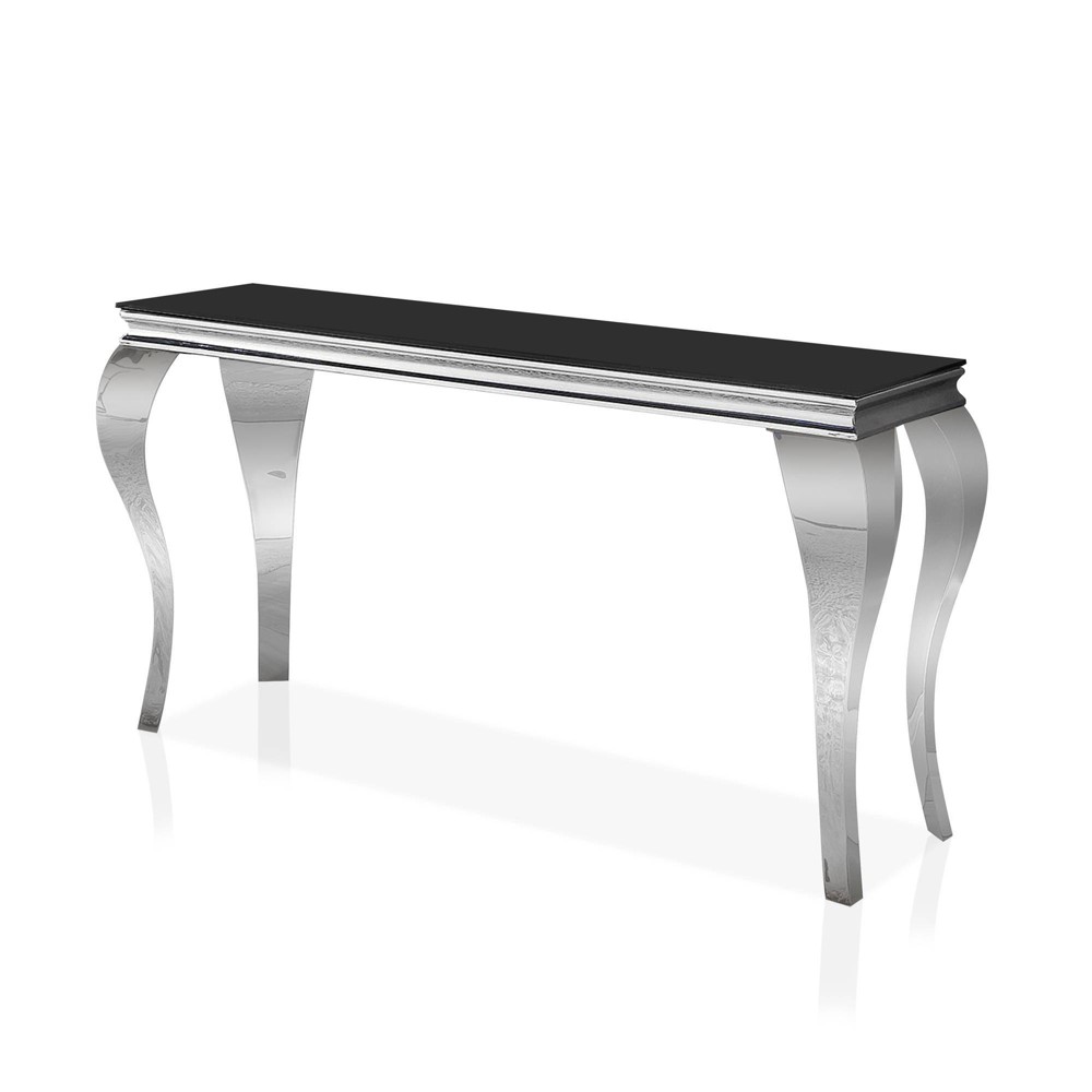 Forge Glam Glass Top Sofa Table Black/Silver - miBasics: Stainless Steel, Entryway, Tempered Glass