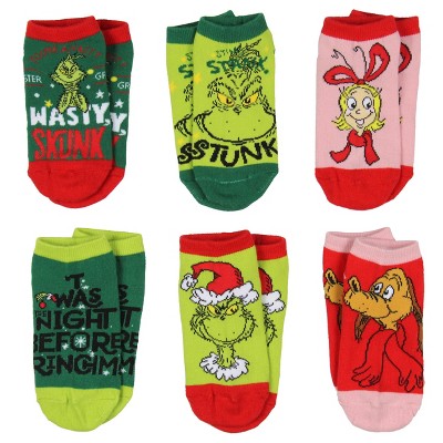 Dr. Seuss GRINCH Boys' Socks Cindy Lou Who Max Grinch Kids Character Low Cut Ankle No Show Socks 6 Pairs Multicoloured