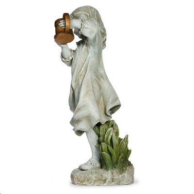 Gray Resin Girl with Bronze Watering Can Garden Statue
