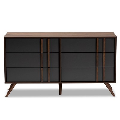 Naoki Two-Tone Gray and Walnut 6-Drawer Wood Dresser