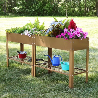 Sunnydaze Brown Galvanized Steel Raised Garden Bed Set with Mesh Shelf