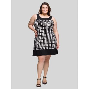 24seven Comfort Apparel Plus Size Black and White Scoop Neck Sleeveless Knee Length Dress - 1 of 4