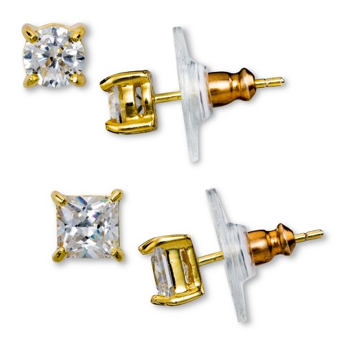 Gold Plated Cubic Zirconia Round and Square Stud Earrings Set