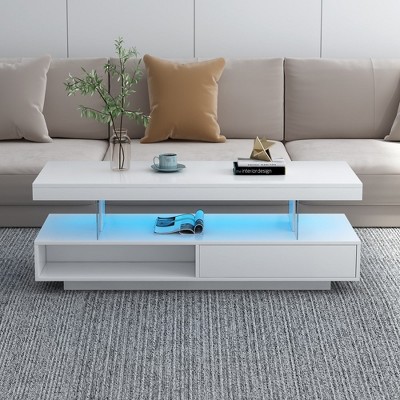 Modern Coffee Table With LED Light Rectangular Center Table With 2 Drawers Display Shelves