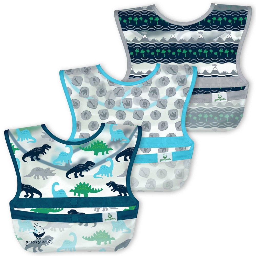 Photos - Other for feeding green sprouts Snap & go Wipe-off Bibs Blue Dinosaurs 9-18M - 3pk