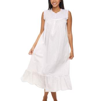 Women's Cotton Victorian Nightgown, Miriam Sleeveless Lace Trimmed Ruffled Long Vintage Night Dress Gown