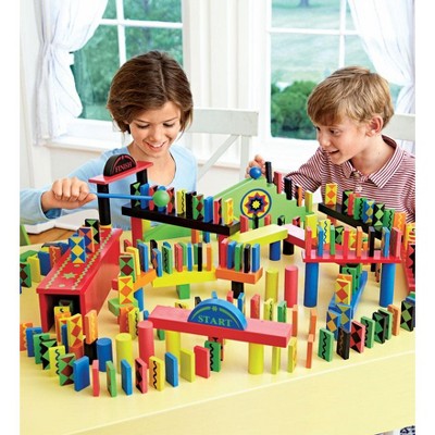 HearthSong Deluxe 279-Piece Wooden Domino Race Set with Obstacles, Starting Wand and Wooden Ball