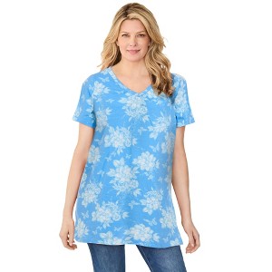 Woman Within Perfect Printed Short-Sleeve Shirred V-Neck Tunic - 1 of 4
