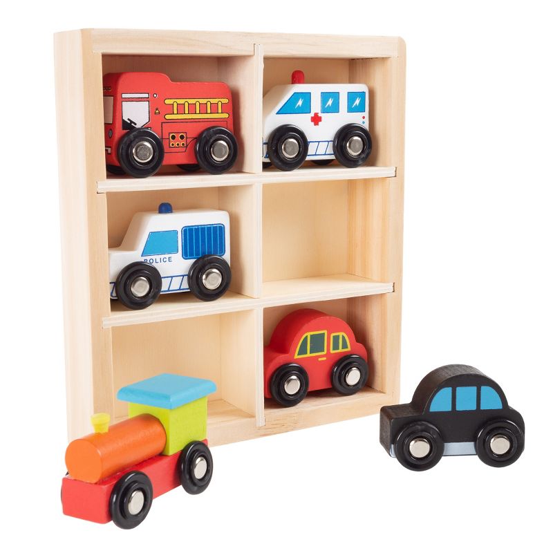 Toy Time Wooden Car PlaySet- 6-Piece Mini Toy Vehicle Set with Cars, Fire Trucks, Train-Pretend Play Fun, 3 of 9