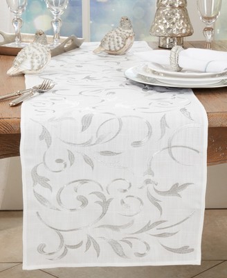 Silver Botanical Embroidered Leaves Polyester Table Runner
