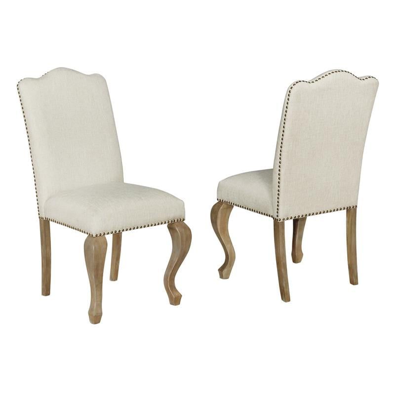 Rustic Oak Wood Dining Chairs Upholstered in Beige Linen Fabric (Set of 2), 1 of 2