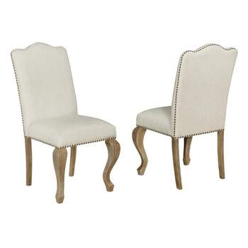 Rustic Oak Wood Dining Chairs Upholstered in Beige Linen Fabric (Set of 2)