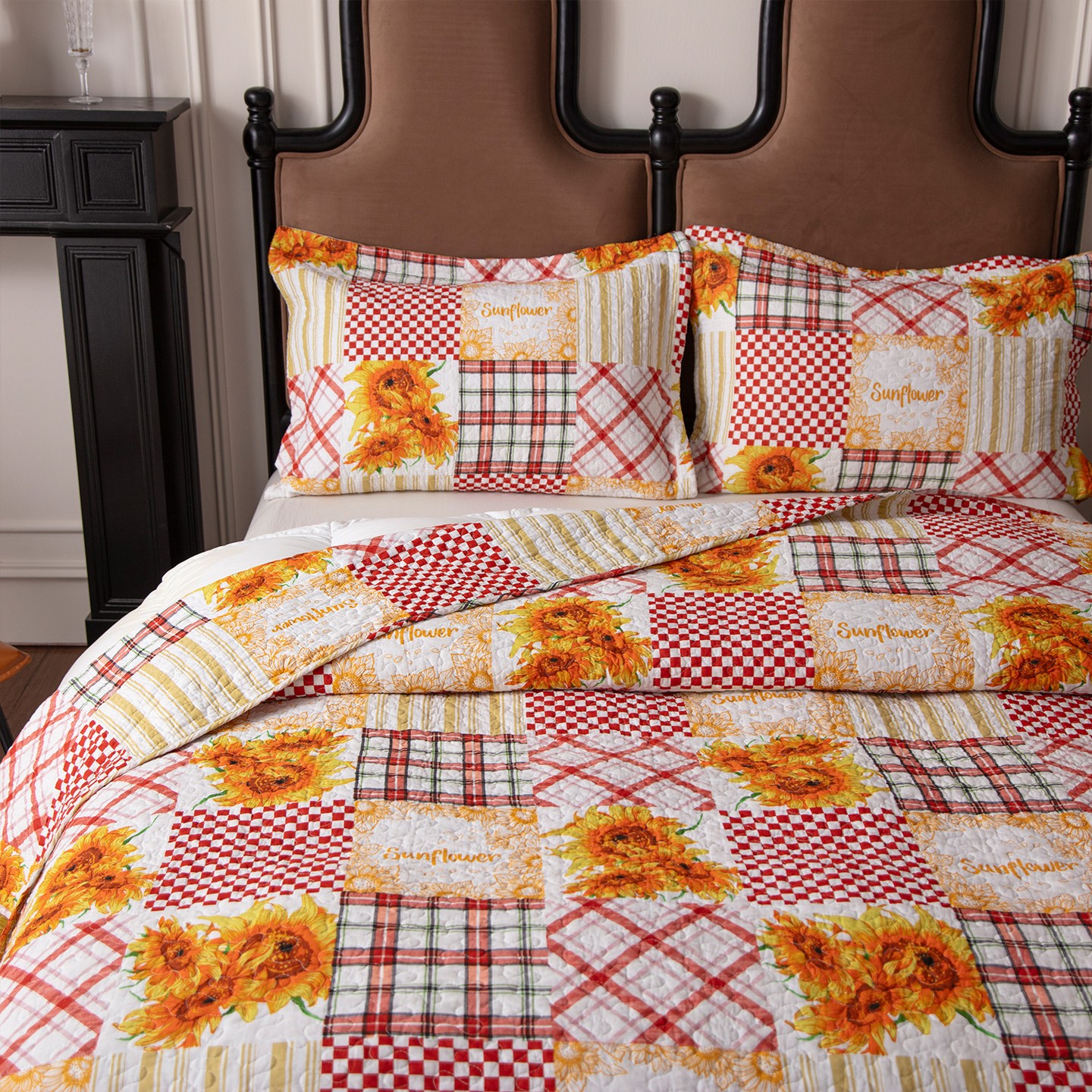 Комплект с покрывалом Acoinel Sunflower Patchwork Quilt Set - 3-Piece Reversible Bedspread with Pillow Shams — фото 3