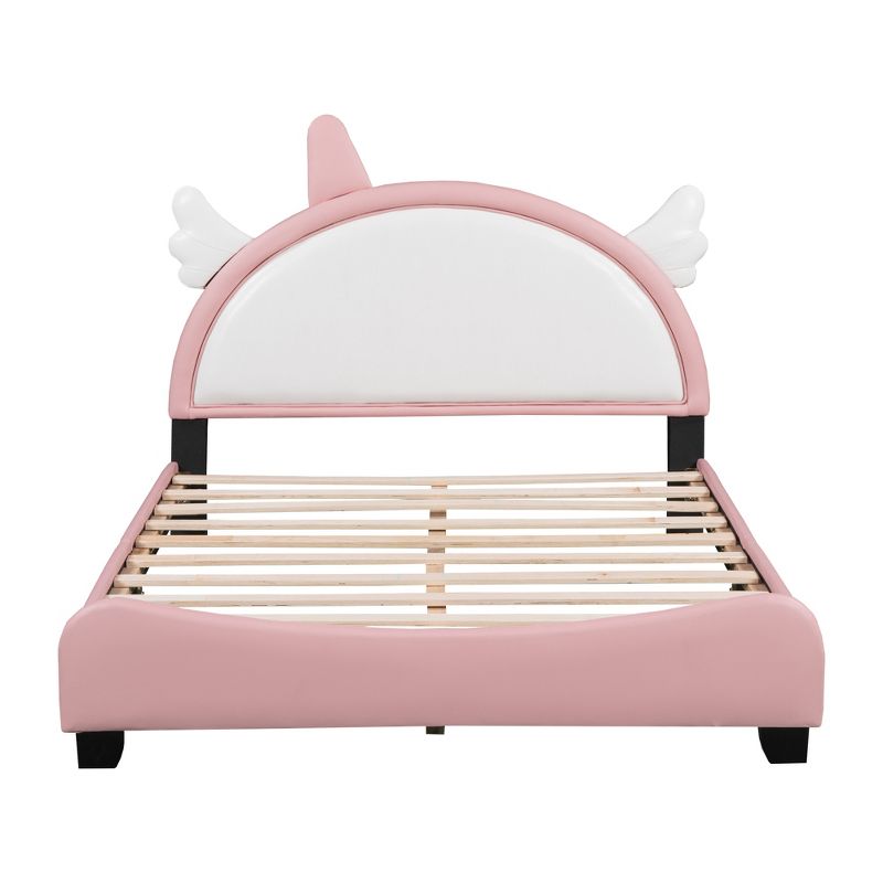 Upholstered Platform Bed With Unicorn Shape Headboard, White+Pink-ModernLuxe, 4 of 9