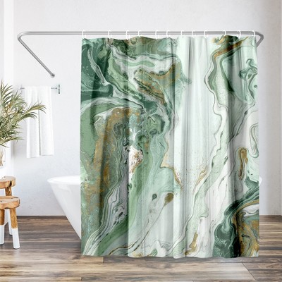 Green and White Marble Abstract Polyester Shower Curtain