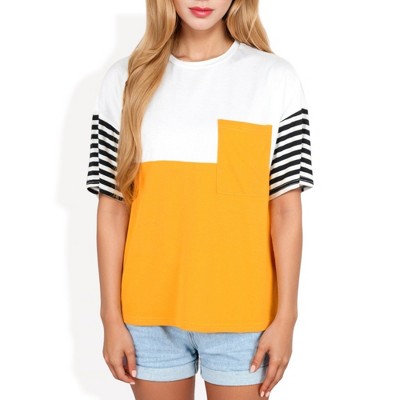 Anna-Kaci Women's Color Block T-Shirt with Striped Sleeves and Front Pocket Detail