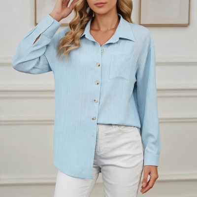Women's Textured Button-Down Shirt, Oversized Pocketed Long Sleeve