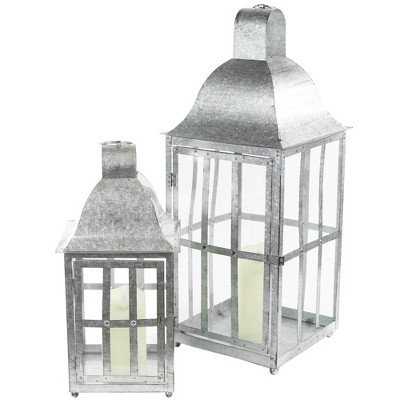 Set of 2 Distressed Galvanized Metal Hanging Candle Lanterns