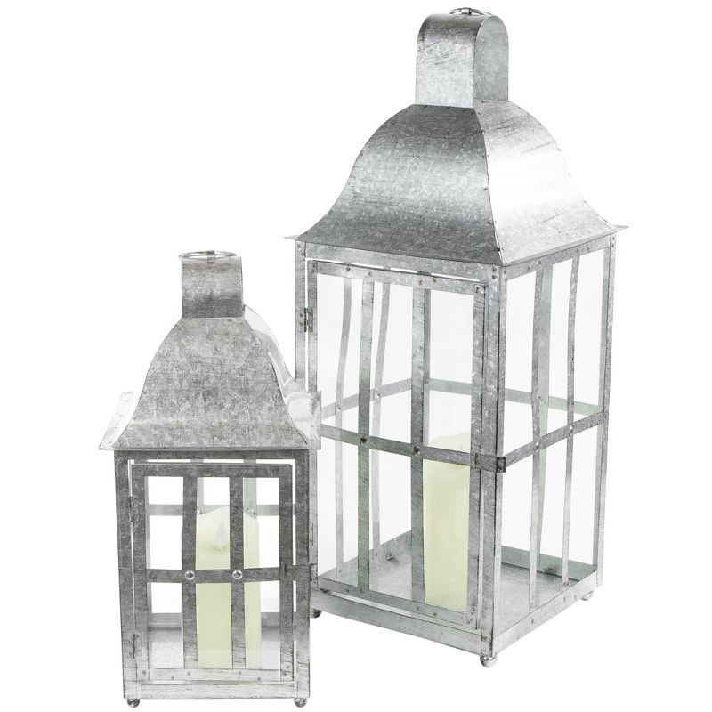 Northlight Set of 2 Distressed Galvanized Metal Candle Lanterns 23.75", 2 of 5