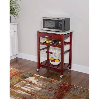 Small Red Pine Kitchen Cart with Granite Top and Wine Rack