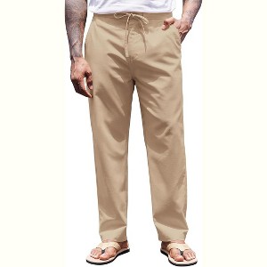 COOFANDY Men's Casual Linen Pants Elastic Waist Drawstring Yoga Beach Pants Lightweight Loose Fit Trousers with Pockets Khaki XXL
