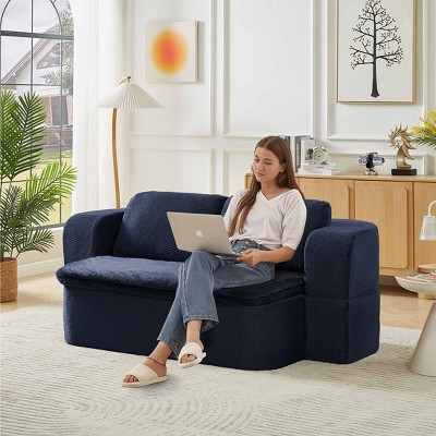 Aukfa 74.8" Convertible Sleeper Sofa Bed, 2-in-1 Folding Futon with Cushion Blanket Comfy Foam Compression Sofas Couches,Dark Blue