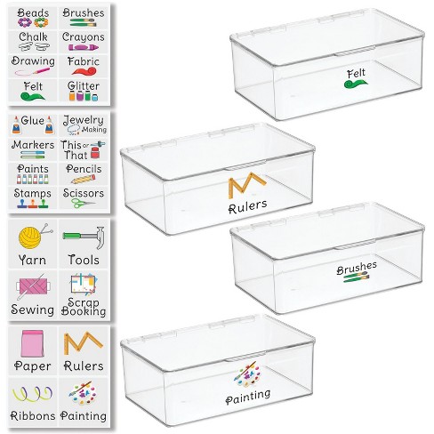 mDesign Stackable Plastic Craft, Sewing Storage Box, 4 Pack + 32 Labels -  Clear